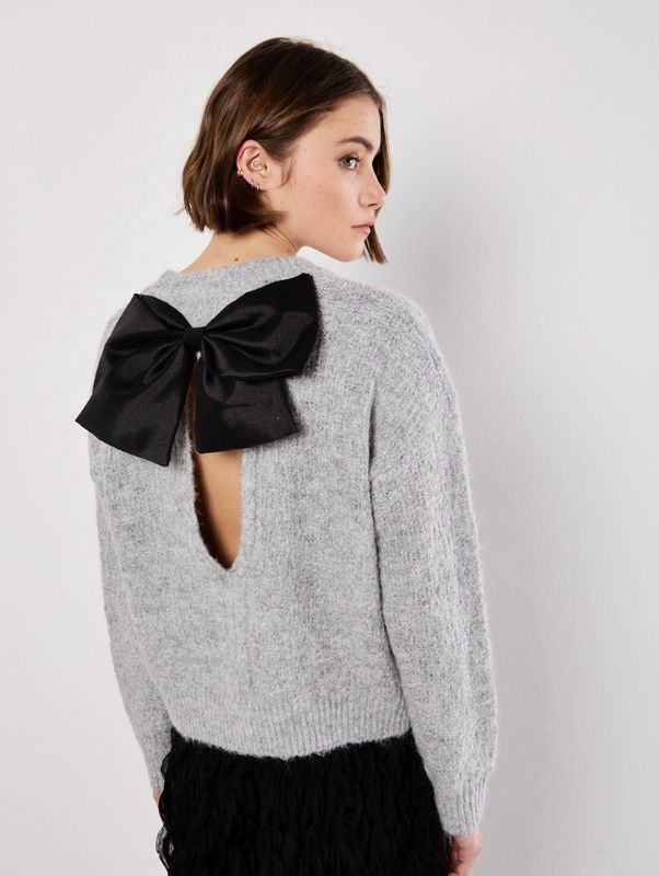 Apricot X120901 Bow Back Lurex Fuzzy Sweater-Grey