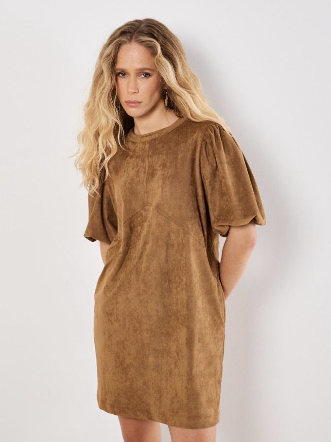 Apricot X108091 Suede Mini PuffSlv Dress-Brown