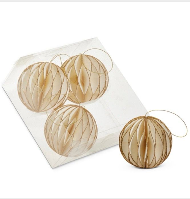 RAZ 4516743 Box of 4 White Gold Glitter Paper Ball Ornaments 3.5&quot;