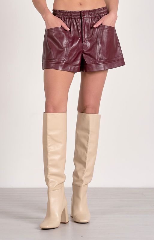 Elan FL3133 Elastic WB Vegan Leather Shorts-Plum