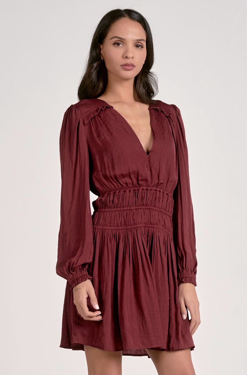 Elan JP50144 Gathered WB LongSLV Dress-Plum