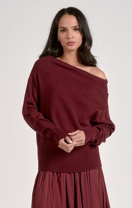 Elan SW11501 Off the Shoulder Sweater-Plum