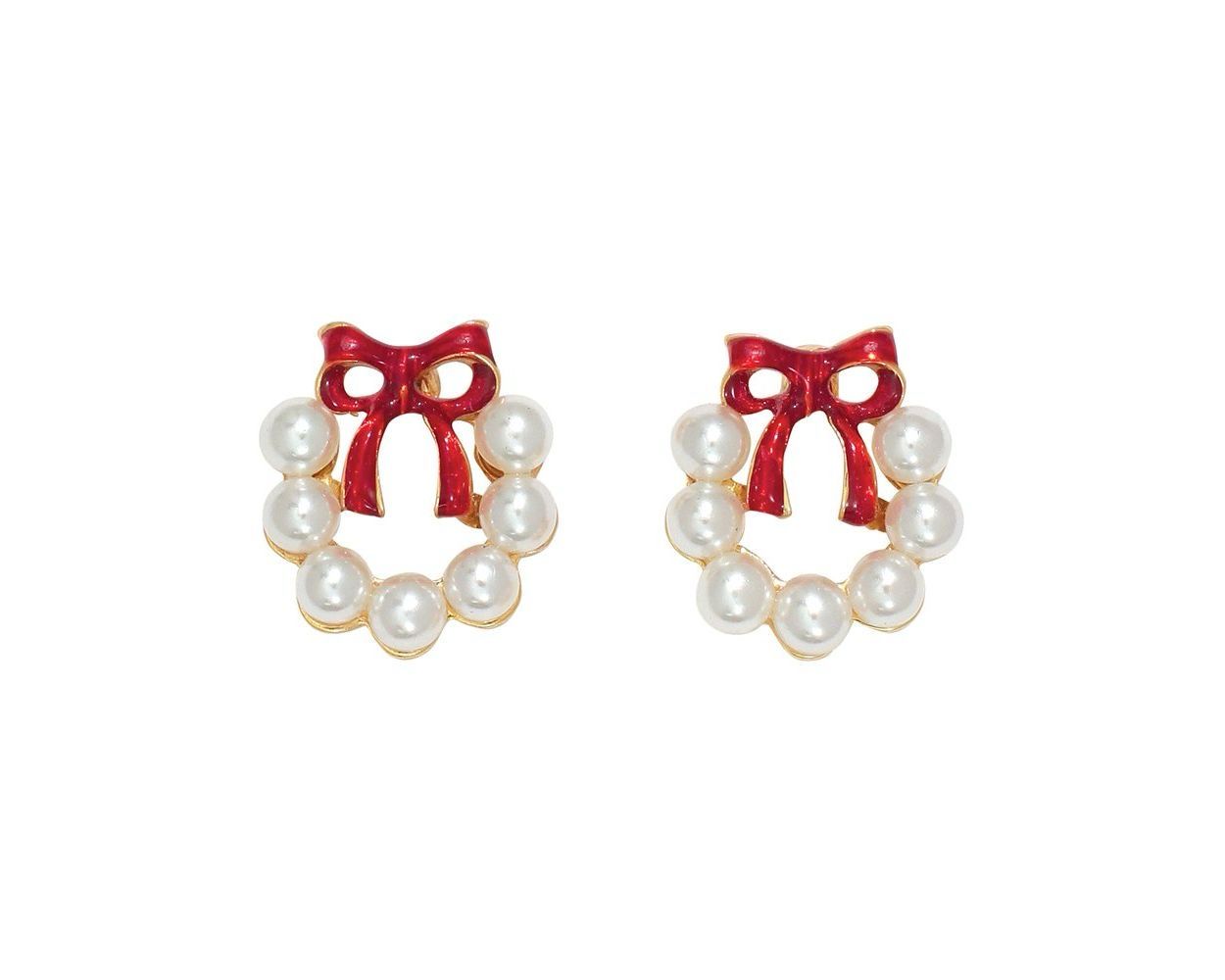 Periwinkle by Barlow 8120827 Pearl Wreath w/Red Bow Earrings