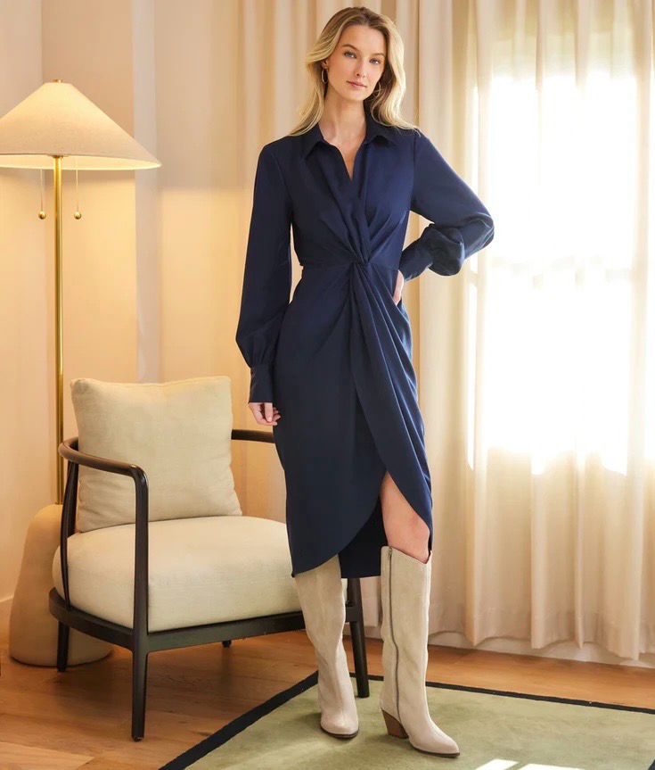 Karen Kane 3L67601 Savannah Sateen Midi Dress-Navy