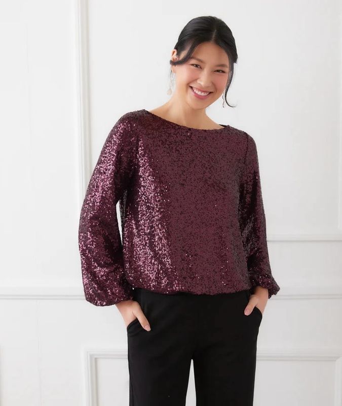 Karen Kane 3L37500 Sequin Boatneck Top-Eggplant