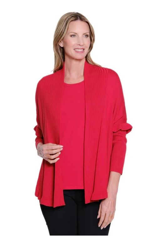 Multiples M45112KM Ruffle Hem Shawl Caridgan-Red