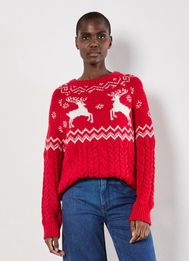 Apricot X130429 Reindeer Cable Mix Sweater-Red