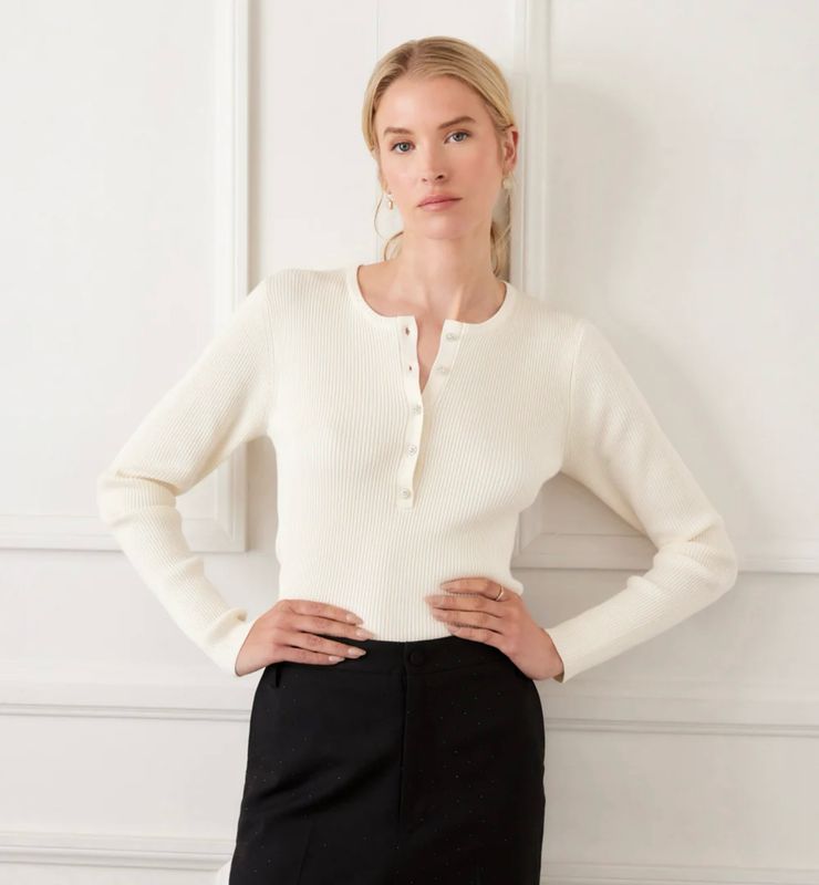 Karen Kane 4L89379 Henley Ribbed Sweater-Cream