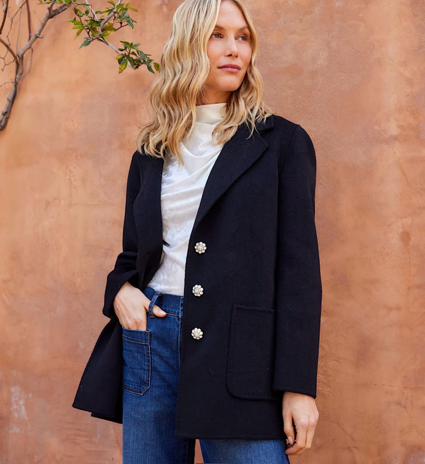 Karen Kane 4L33703 Oversized Brushed Blazer-Black