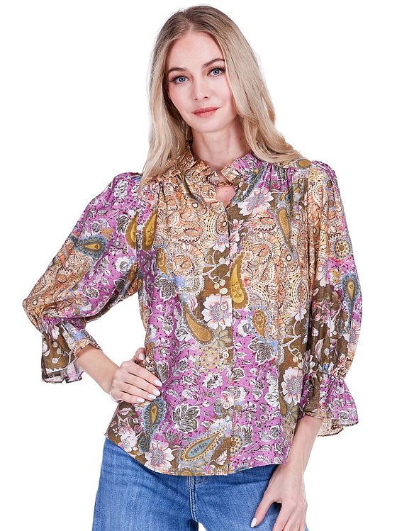 Joy Joy 75M4836-2 Ruffles Neck Blouse-PlumMosaic