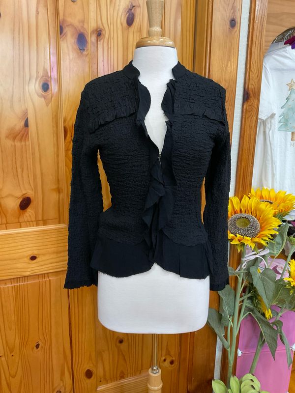 KLd. Signature KD45396 Textured Ruffle Cardigan-BK