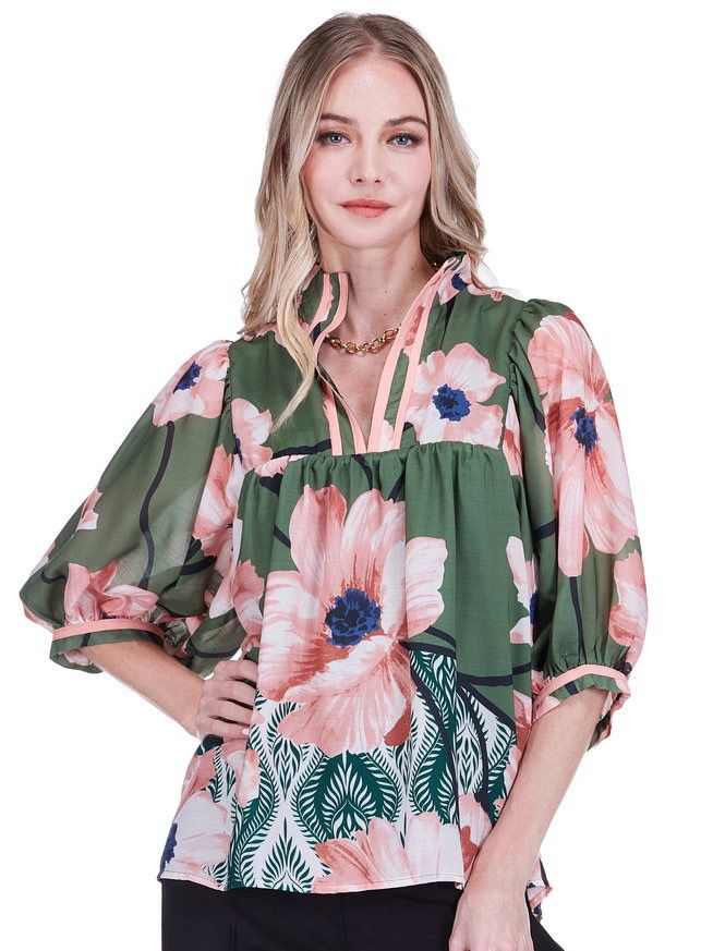 Jade 75J9926 StandCollar PuffSleeve Top-OliveBloom