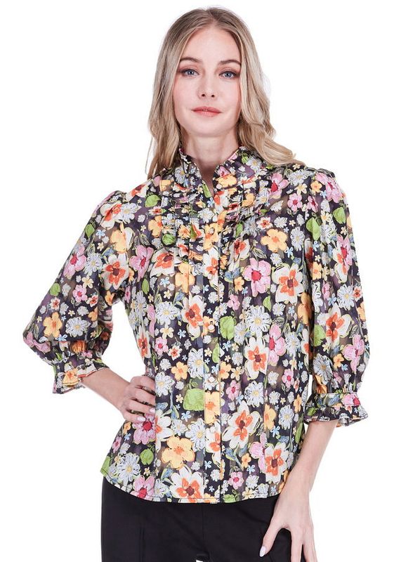 Joy Joy 75M7499 Ruffles Button Front Blouse-ArtMea