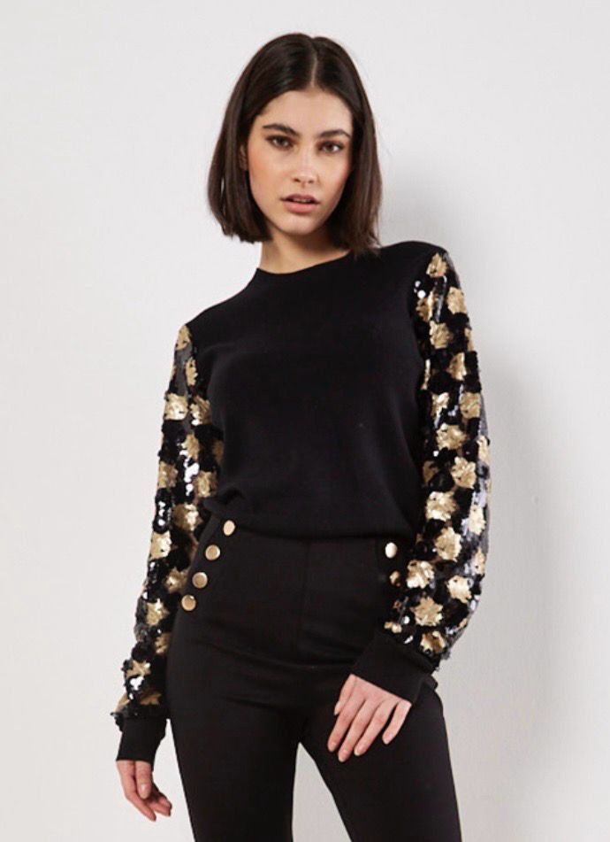 Apricot X126873 Ornate Sequin Arm Sweater-Black