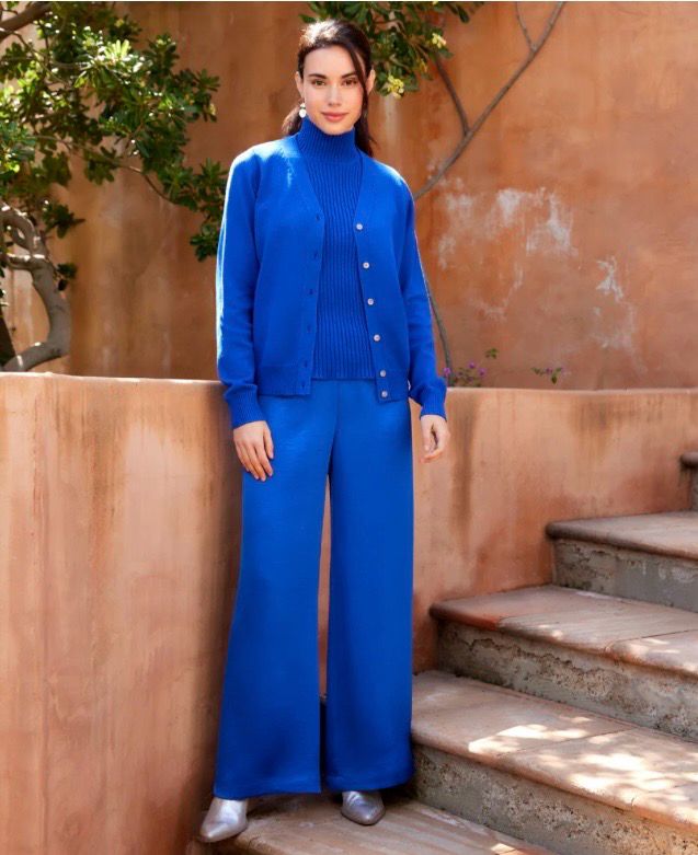 Karen Kane 4L11811 Wide Leg Satin Pants-Sapphire