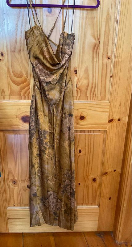 KLd. KD52804 Cowl Neck Satin Maxi Dress-Camel