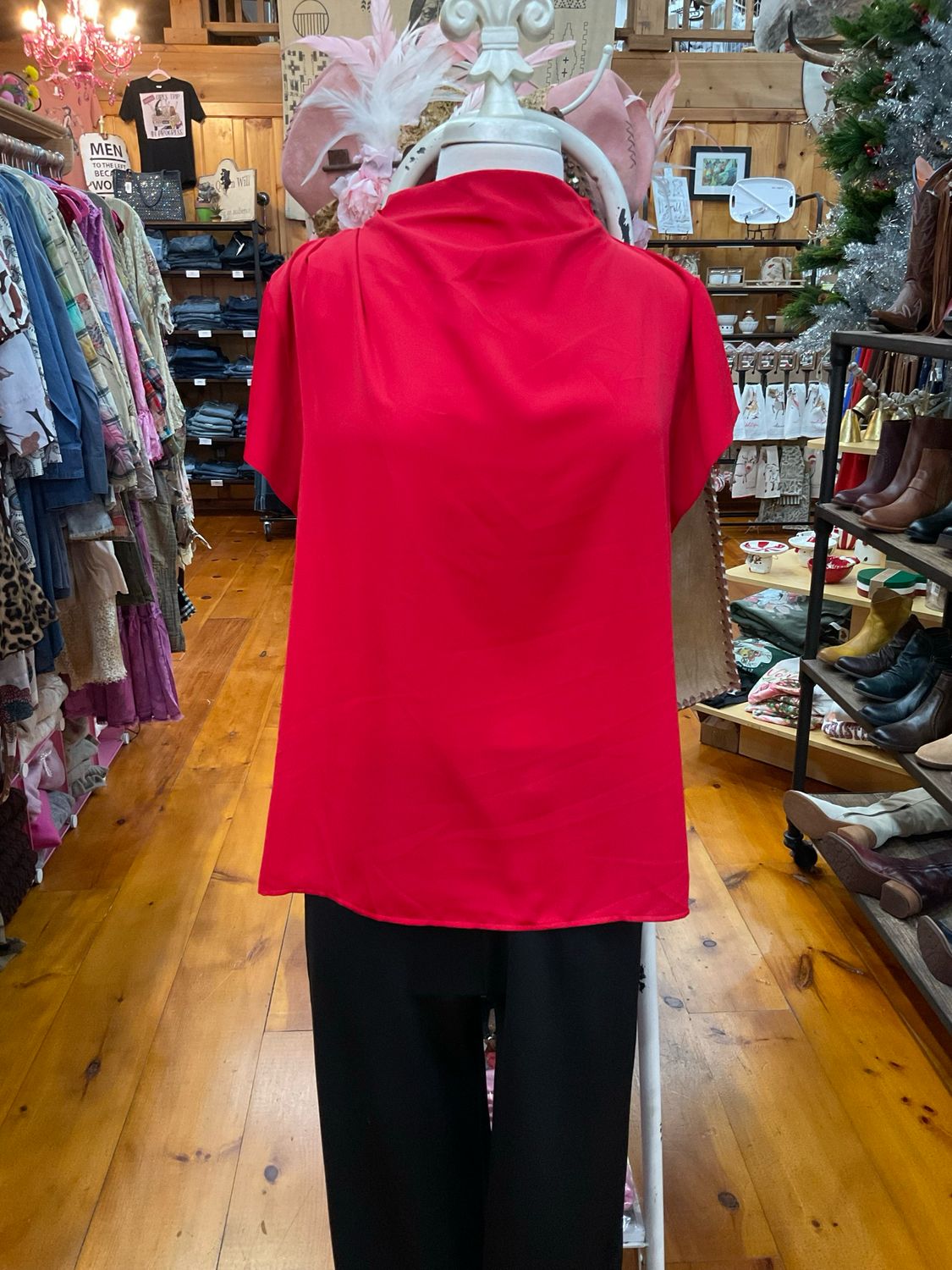 KLd. KD45425 Mock Neck SatinPleat Shoulder Top-Red