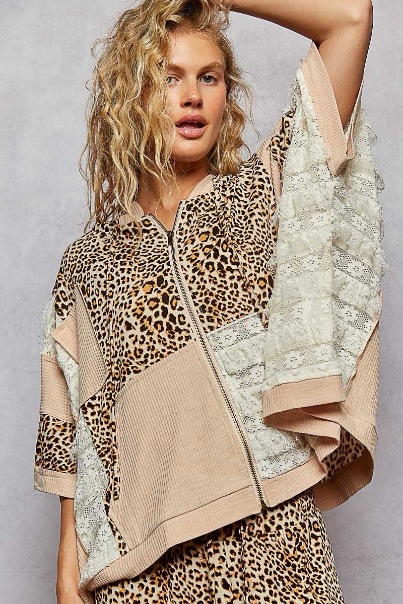 POL YKT1595 Leopard&amp;Lace SS Hoodie-Nude Beige