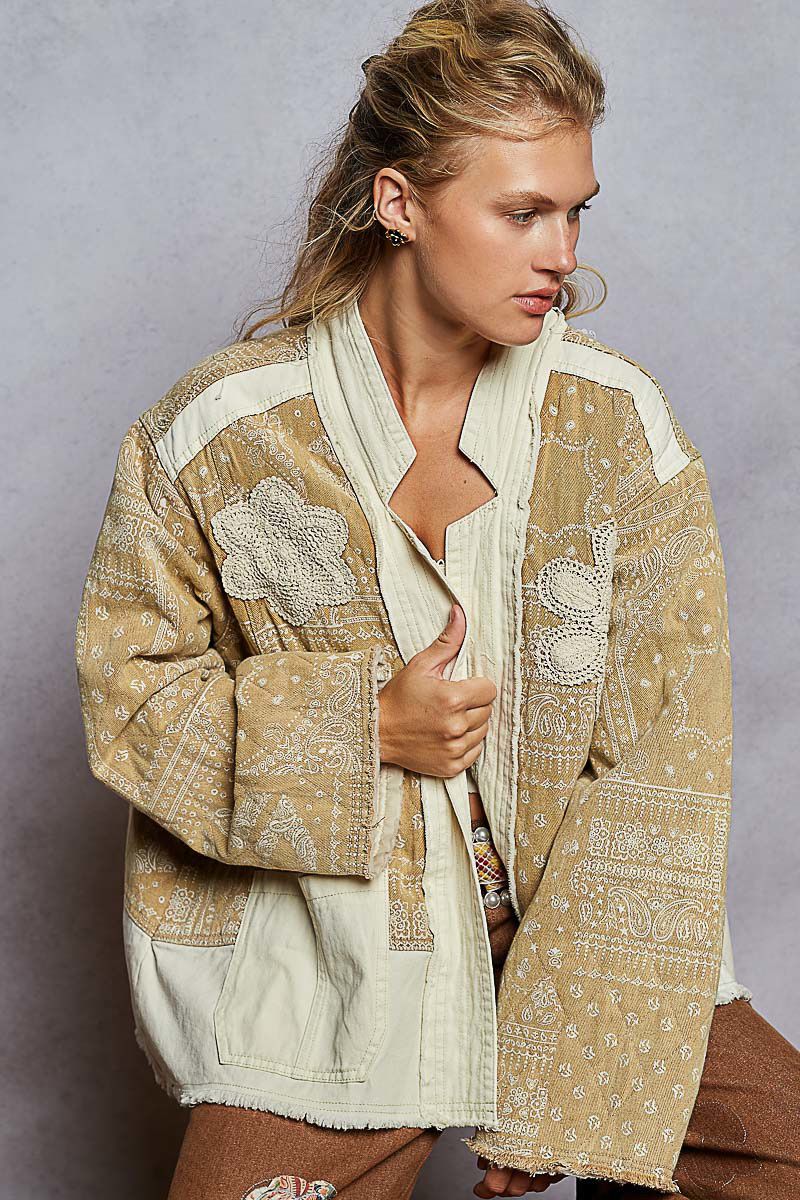 POL YKT1572 Quilted Woven Patch Paisley Jacket-Nat