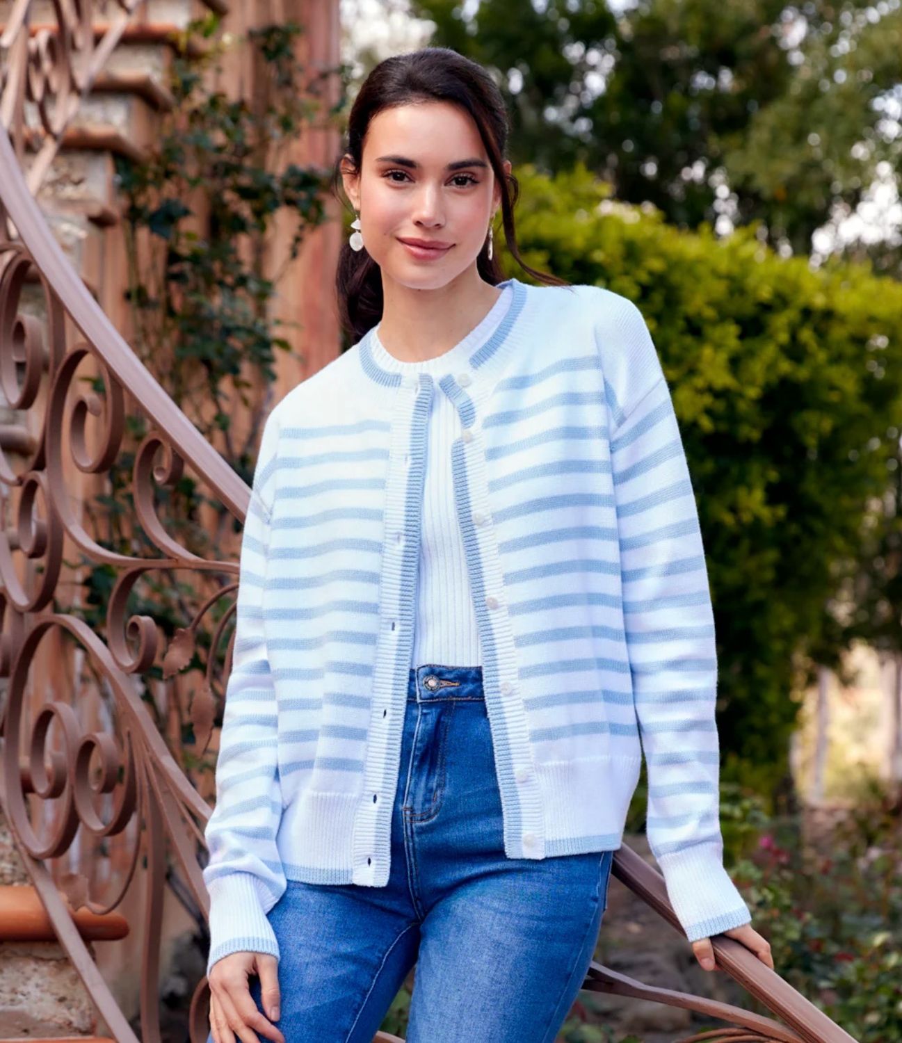 Karen Kane 4L89369 Stripe Cardigan-Blue/Offwhite