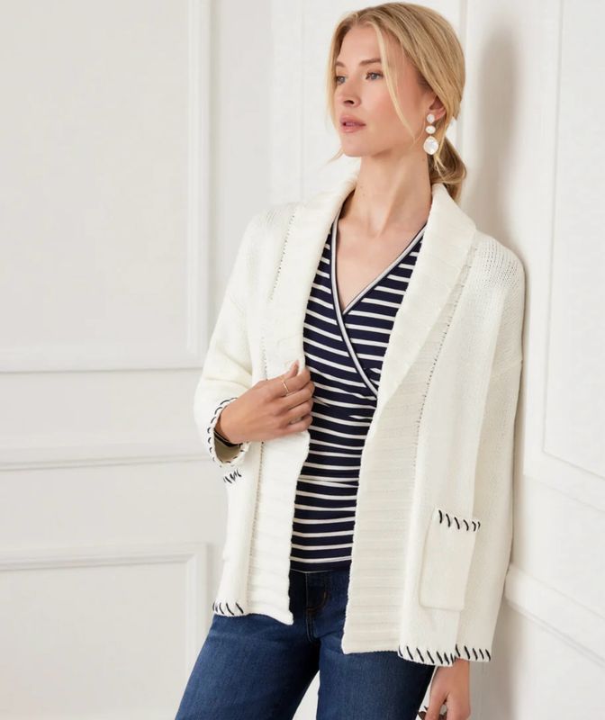 Karen Kane 4L89428 ContrastStitch Cardigan-Navy/OW