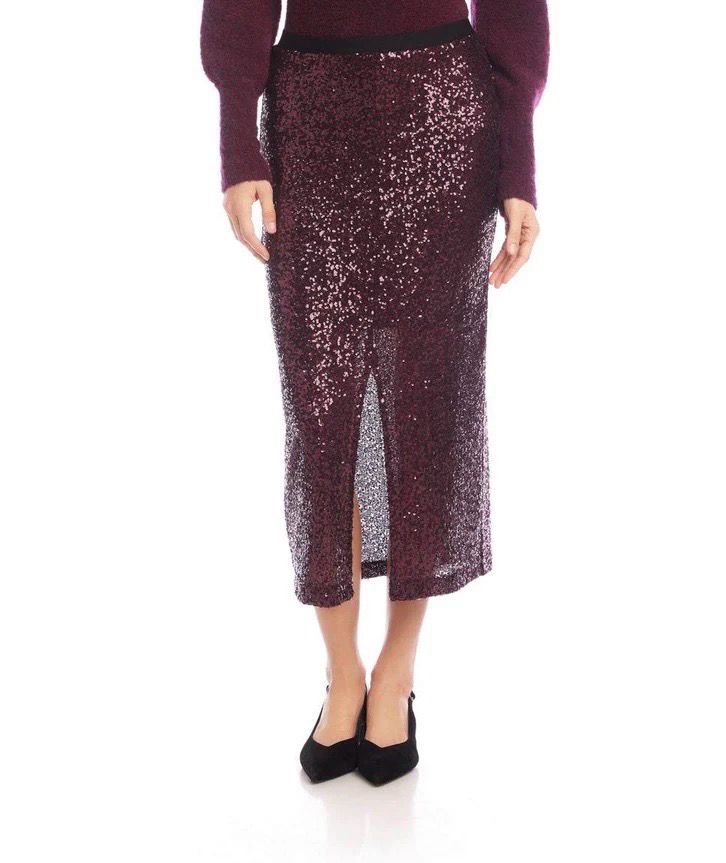Karen Kane 3L37510 Sequin Midi Skirt-Eggplant