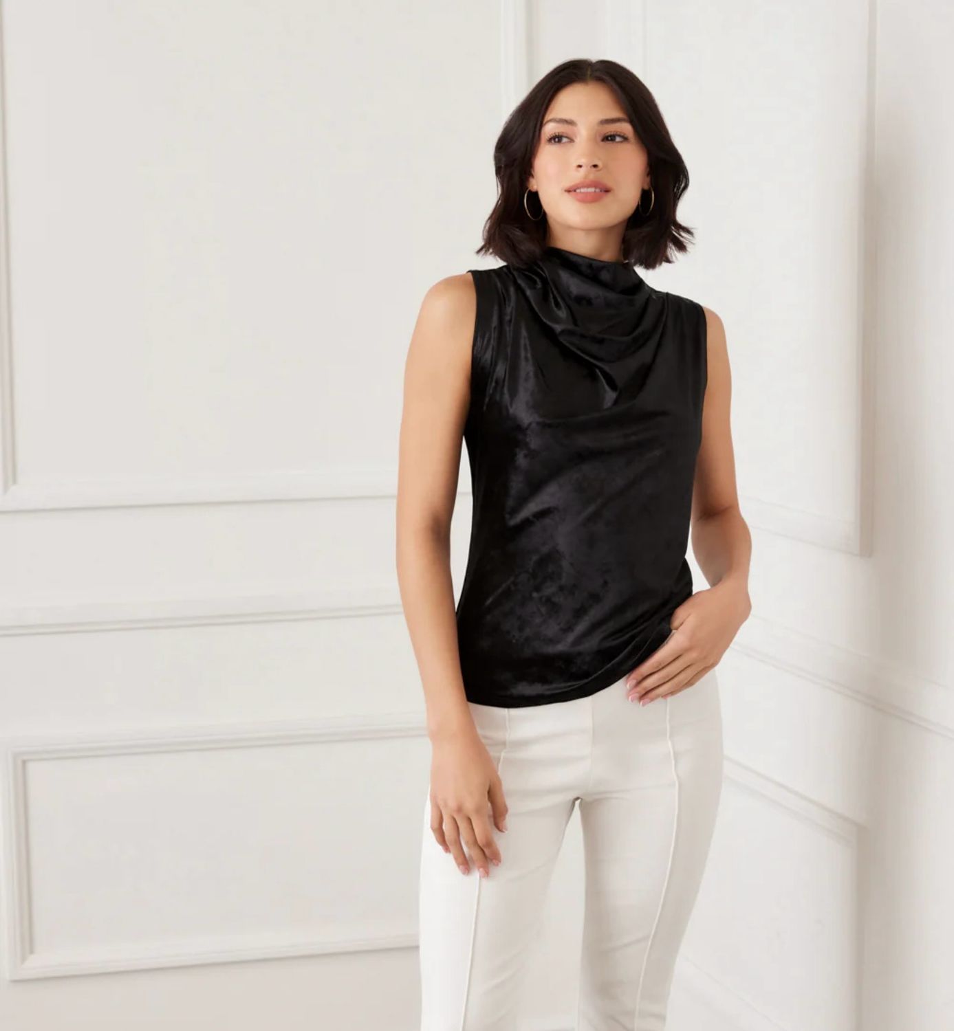 Karen Kane 4L41901 CrushedVelvet DrapeFront Top-BK