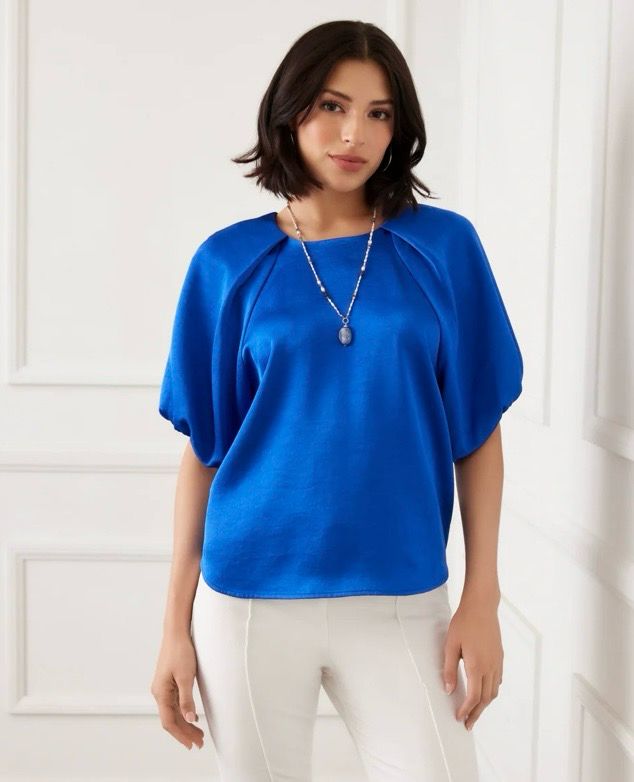 Karen Kane 4L11812 Puff Sleeve Satin Top-Sapphire 