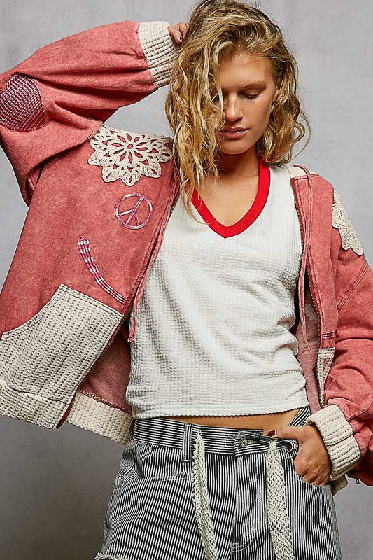 POL GKT559 French Terry Crochet Zip Jacket-Scarlet