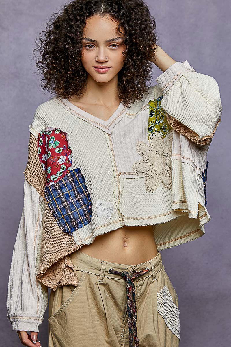 POL YKT1282 Thermal VNeck Oversized Top-CreamMulti