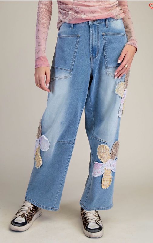 Easel EB57002 Washed Denim-Flower Patch