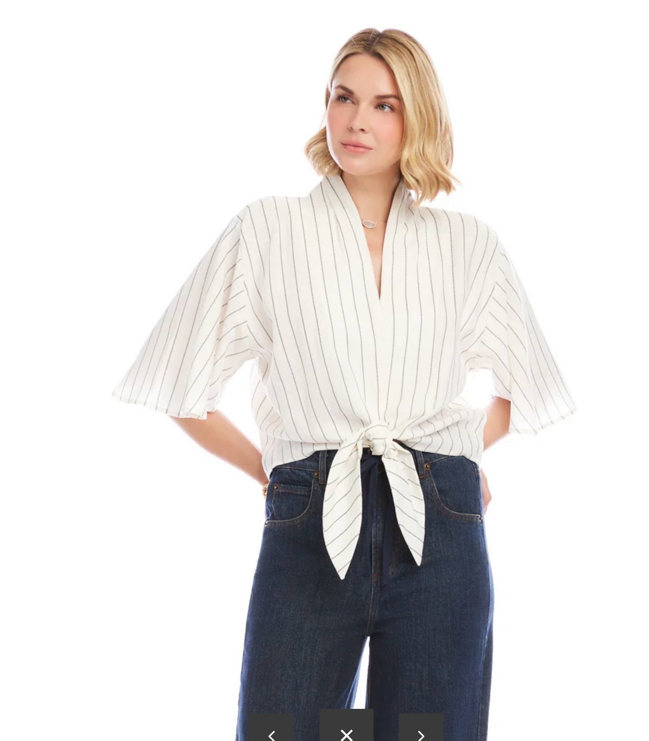 Karen Kane 1L58802 FlareSlv Tie Front Top-Cream/Bl