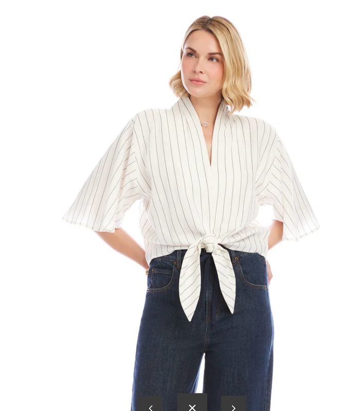 Karen Kane 1L58802 FlareSlv Tie Front Top-Cream/Bl