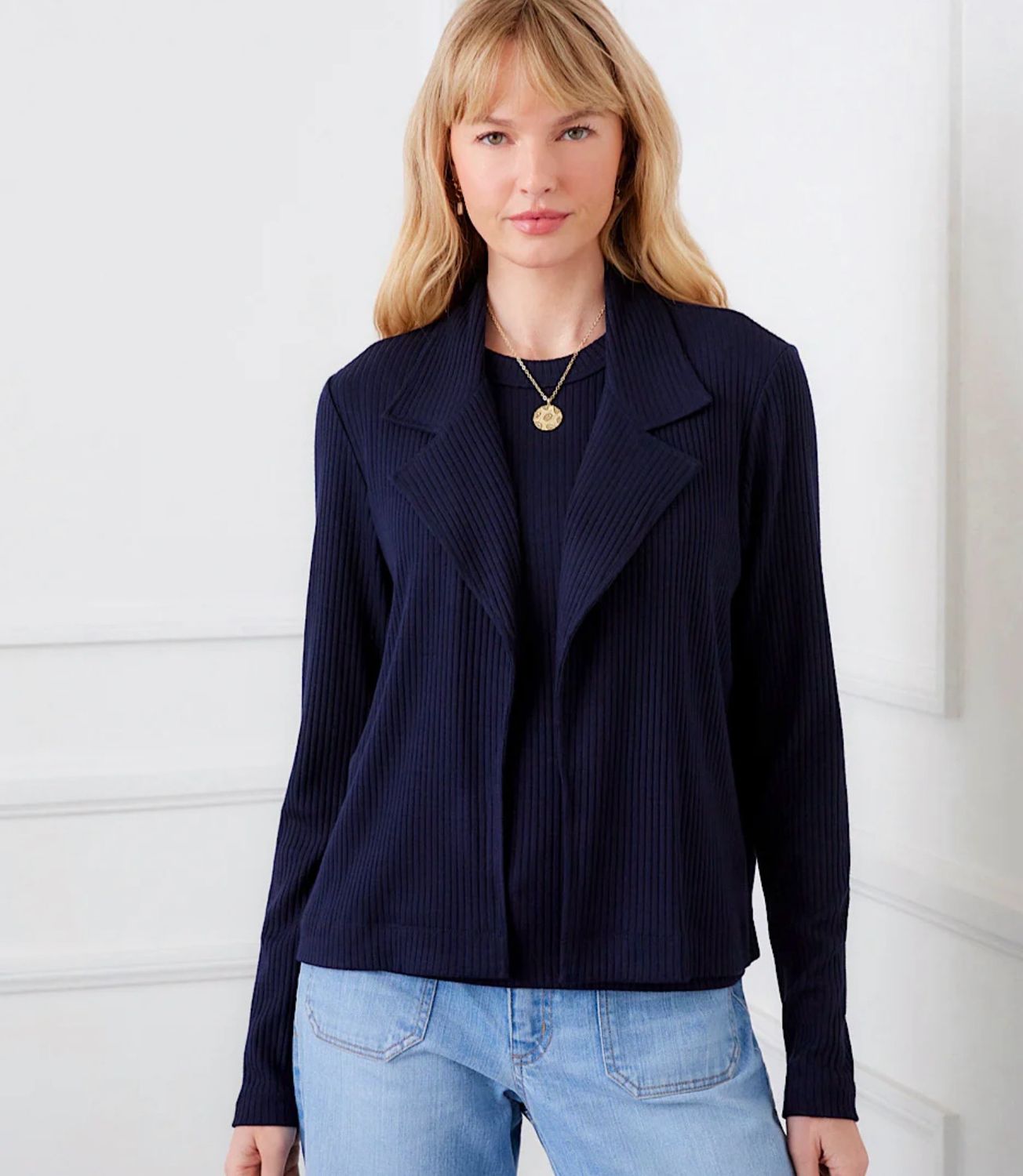 Karen Kane 1L44201 Ribbed Knit Jacket-Navy