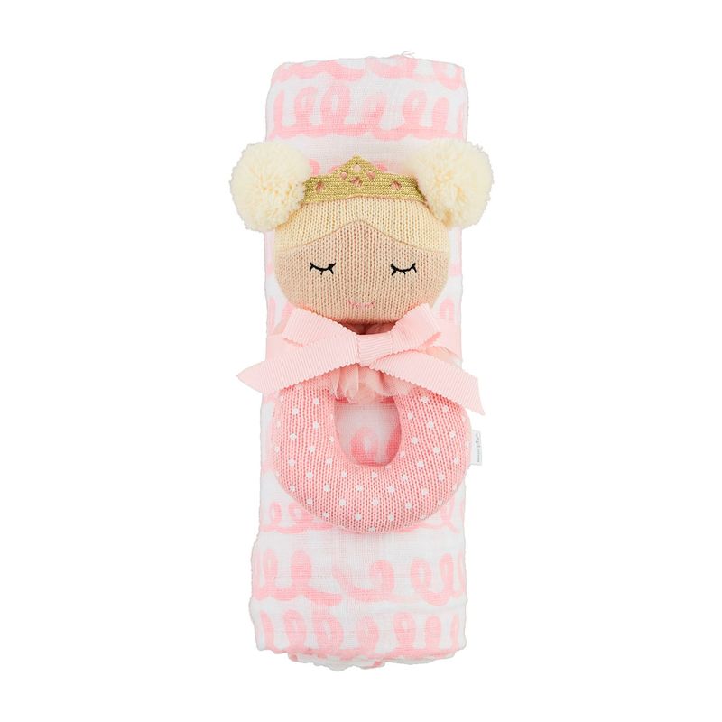 MudPie 12140182 Pink Swirl Swaddle and Rattle