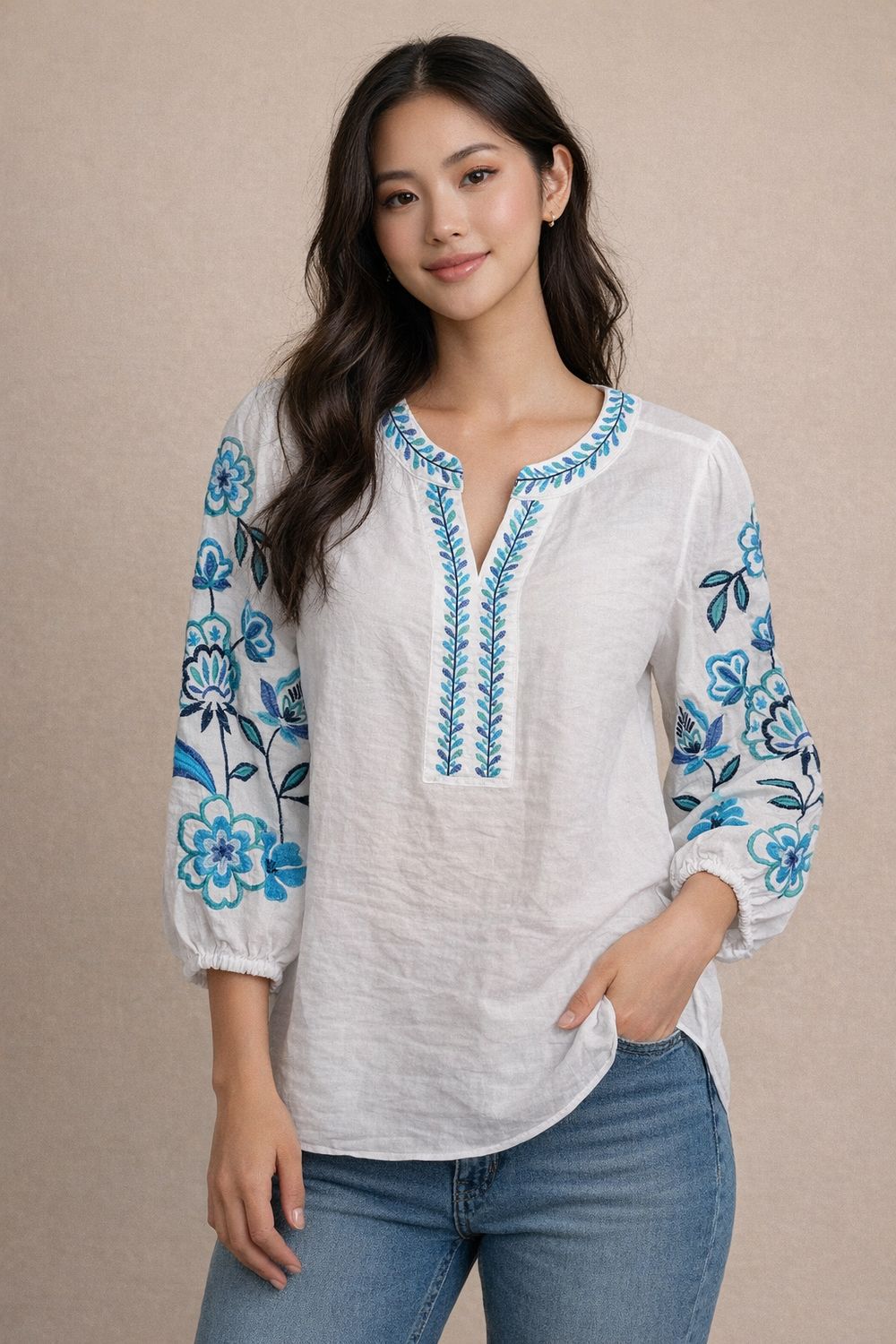 Multiples M16307TM PuffSlv Embroidered Top