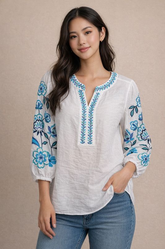 Multiples M16307TM PuffSlv Embroidered Top