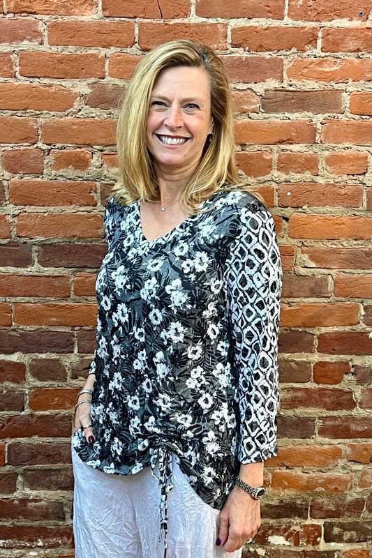 Shana 26002 Crinkle MixMedia Drawstring Top-Black