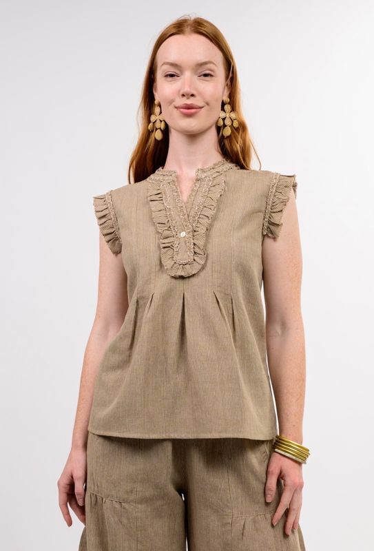 Ivy Jane 641485 Striped Ruffle Top-Khaki
