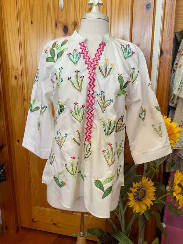 PONG Cactus Embroidered Mandarin Collar Top