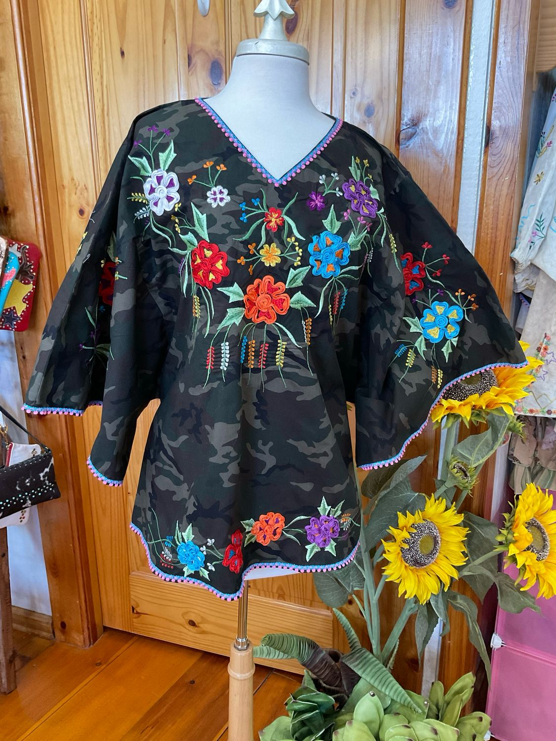 PONG Carolyn Embroidered Camo VNeck Tunic