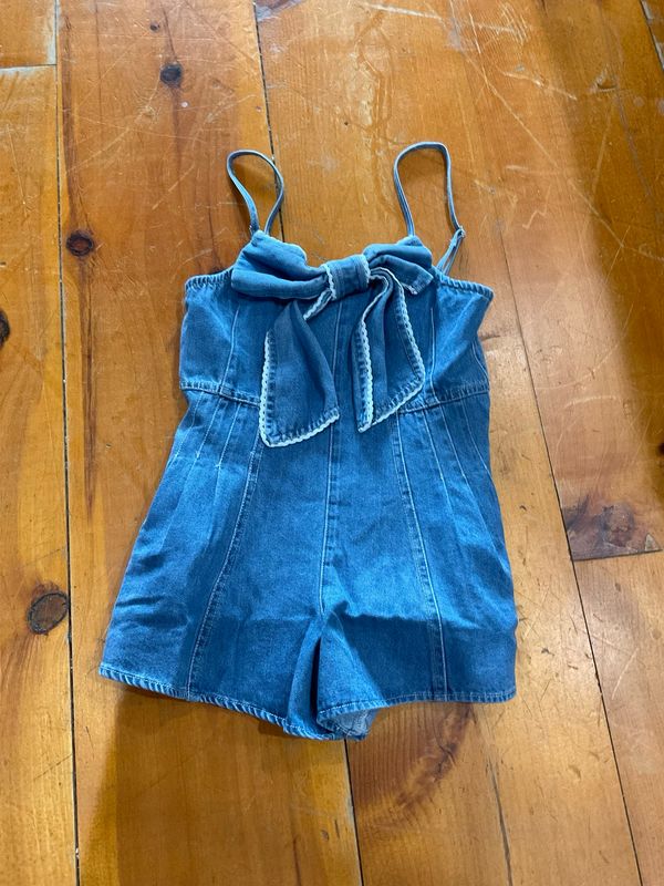 Peach Love Girls Bow Detail Denim Romper