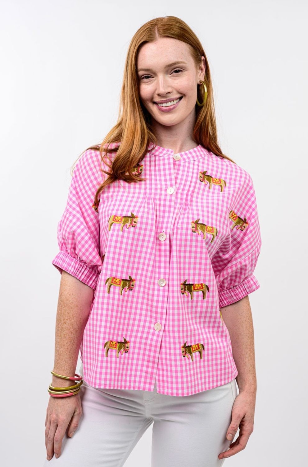 Sister Mary Donkey Top-Pink Check