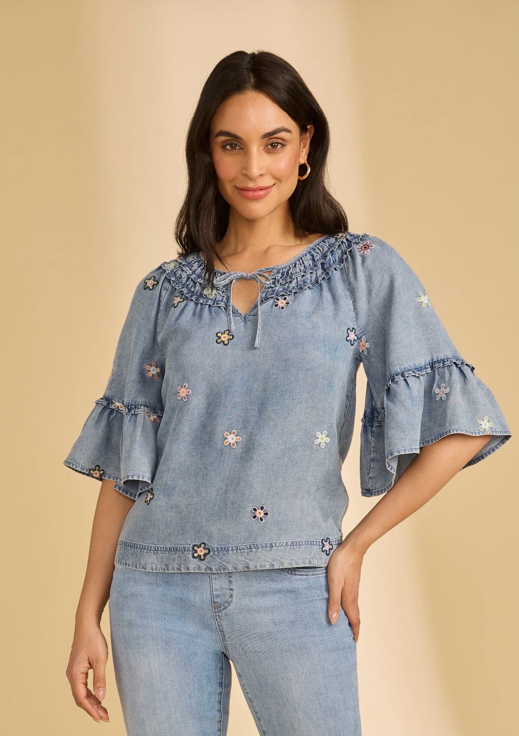 FDJ 7589846 Ruffle Denim Top-Daisy