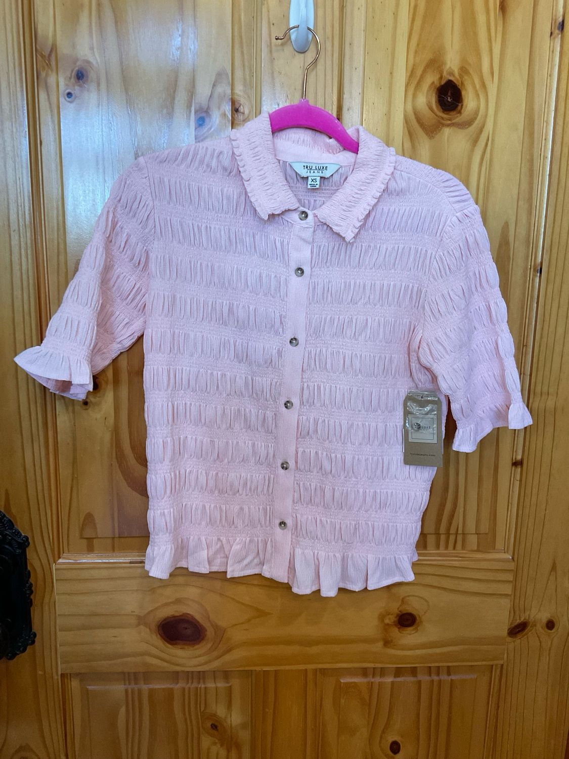 Tru Luxe T26496BM Button Smocked Top-LtPink