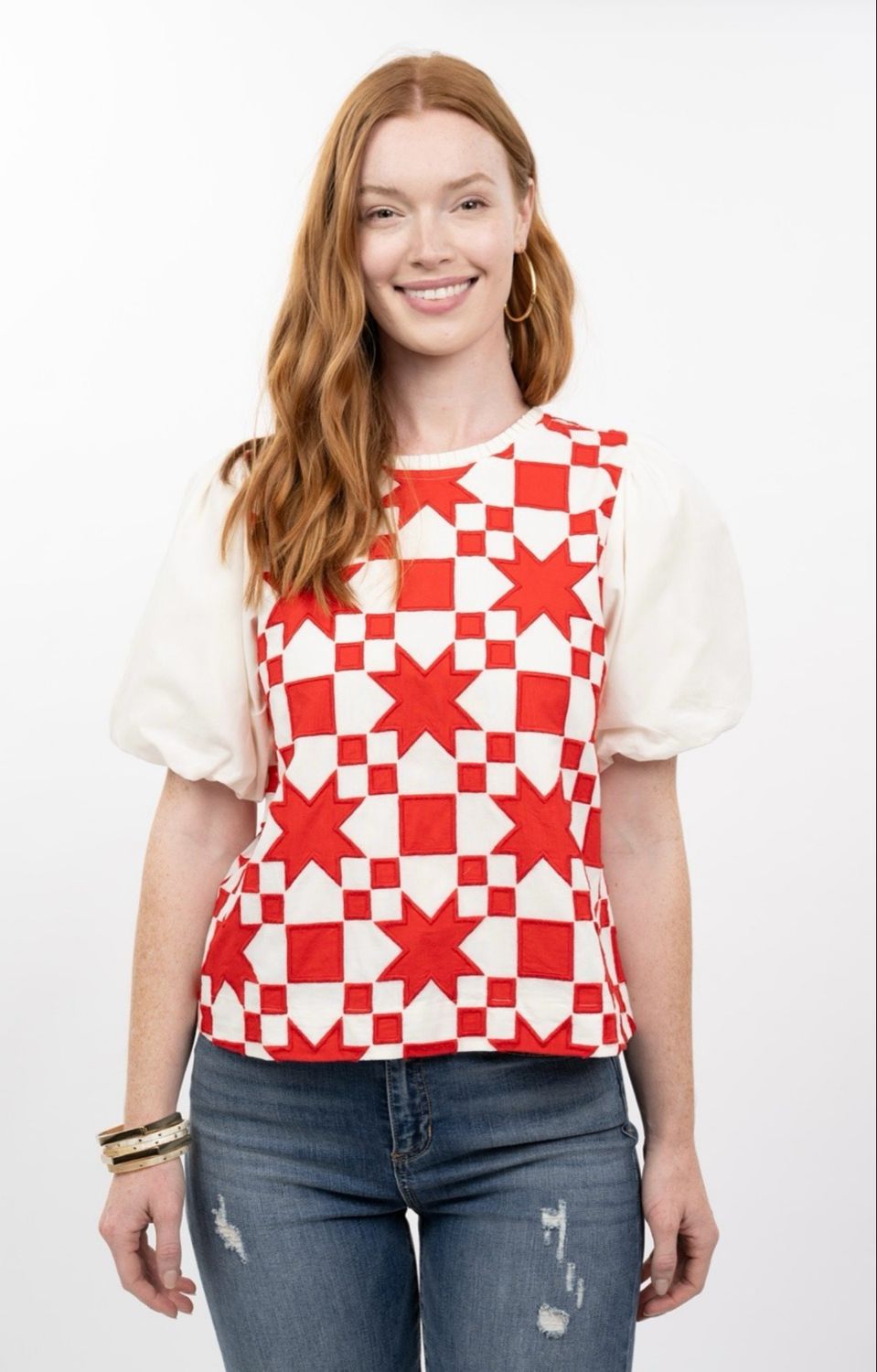 Ivy Jane 641509 Quilted Poof Sleeve Top-Red