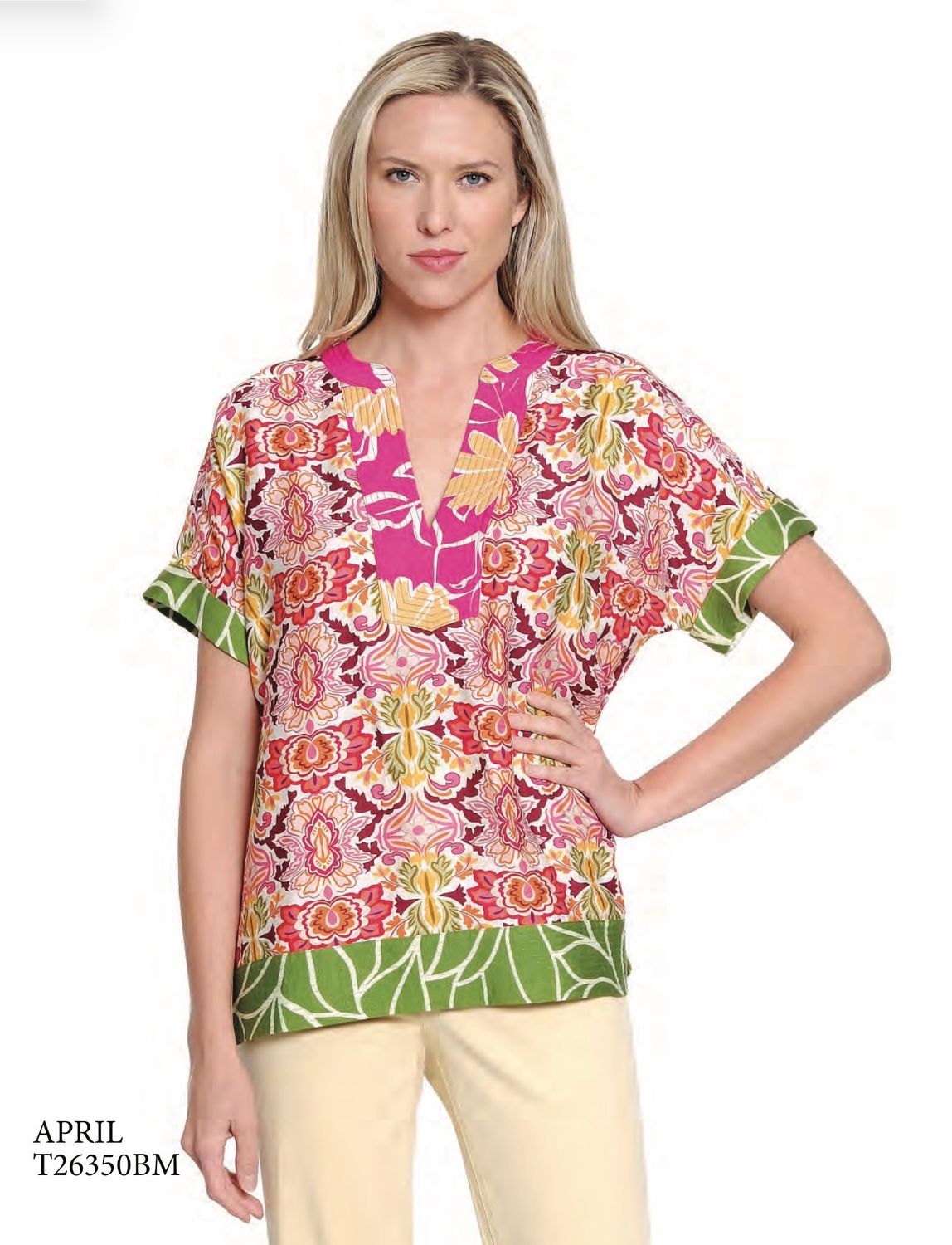 Tru Luxe T26350BM Mixed Print SplitNeck Top