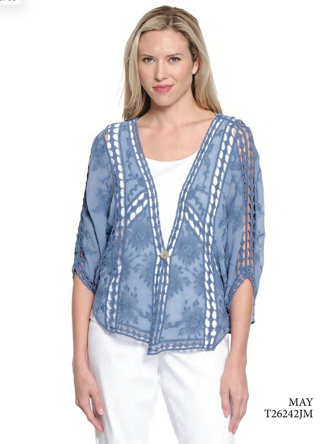 Tru Luxe T26242JM Embroidered Lace Kimono-Blue