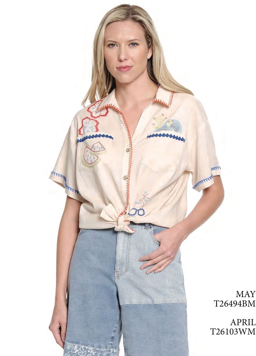 Tru Luxe T26494BM Embroidered Button Front-Natural