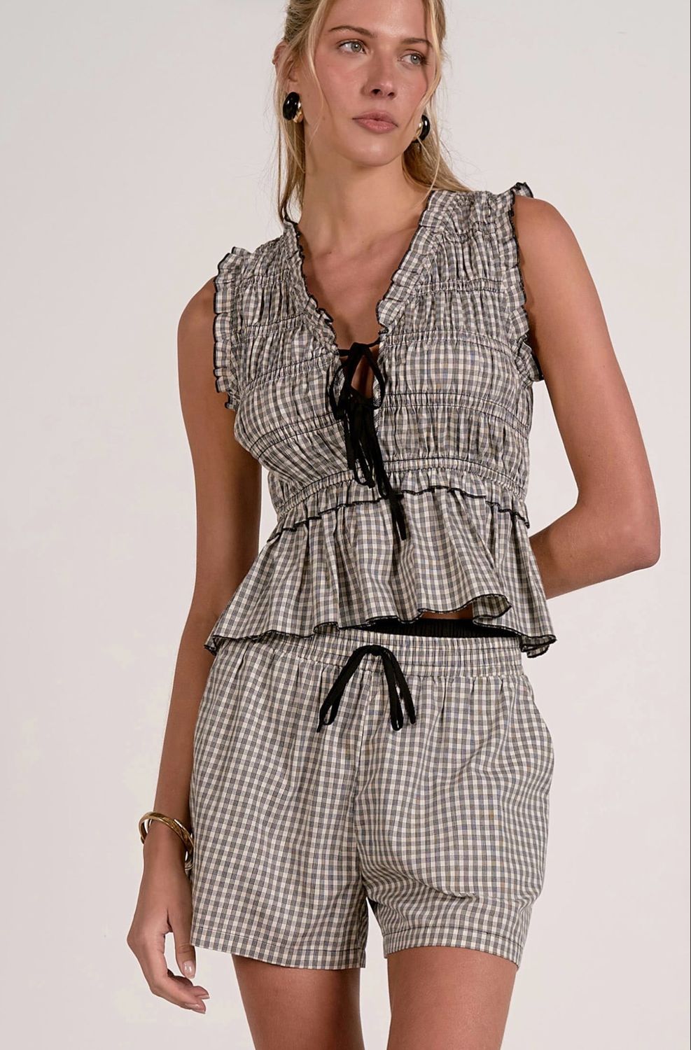 Elan PLP11670 SLVLS Gingham Peplum Top